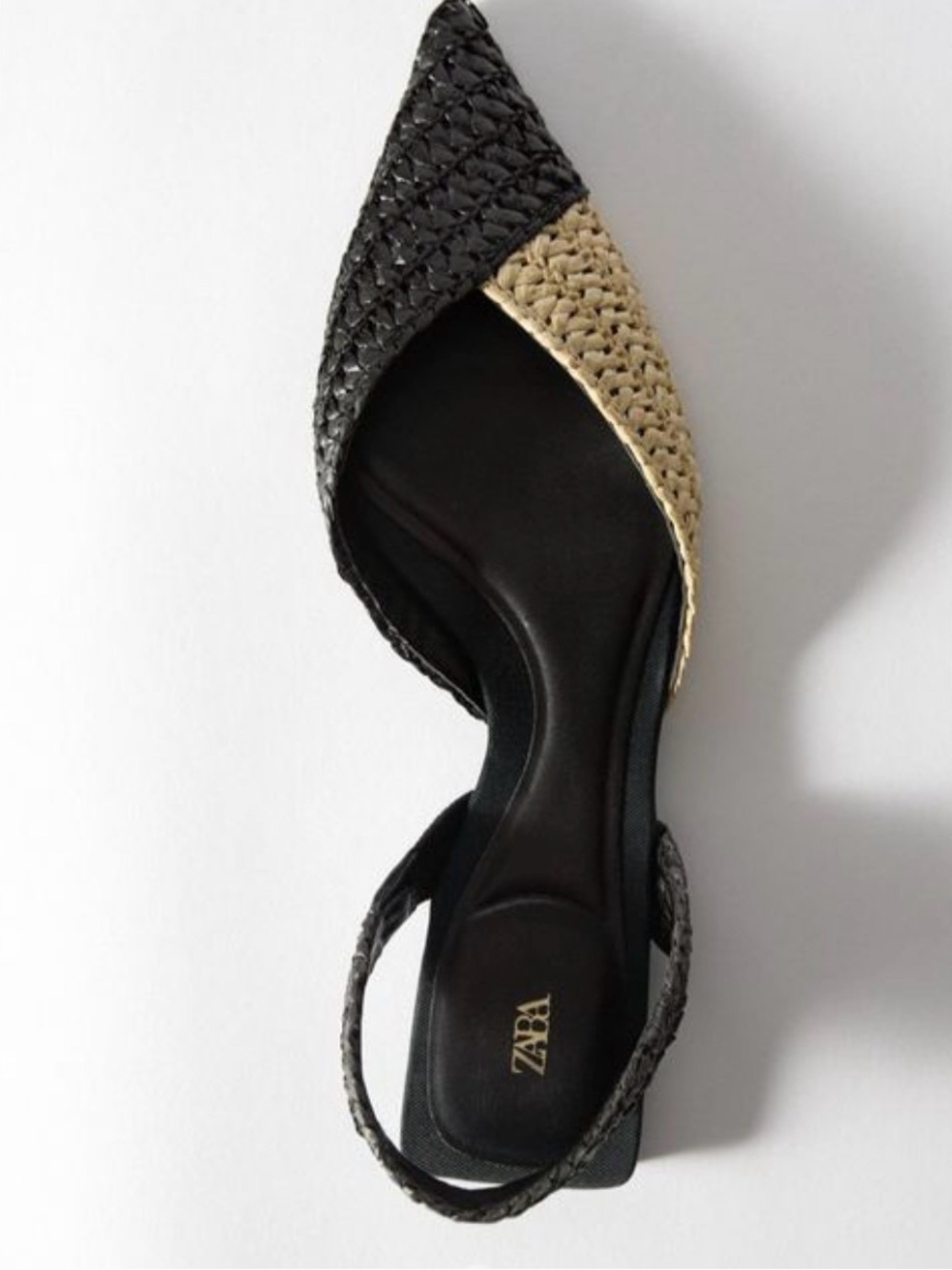 Zara Black and Natural Raffia Pointed Slingback Flats